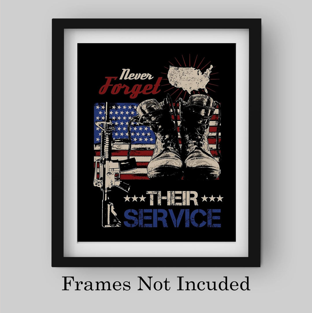 Never Forget Their Service-American Flag Wall Art -8 x 10" Patriotic US Military Print -Ready to Frame. Home-Office-Garage-Bar-Shop-Man Cave Decor. Great Gift of Gratitude for Military-Veterans!