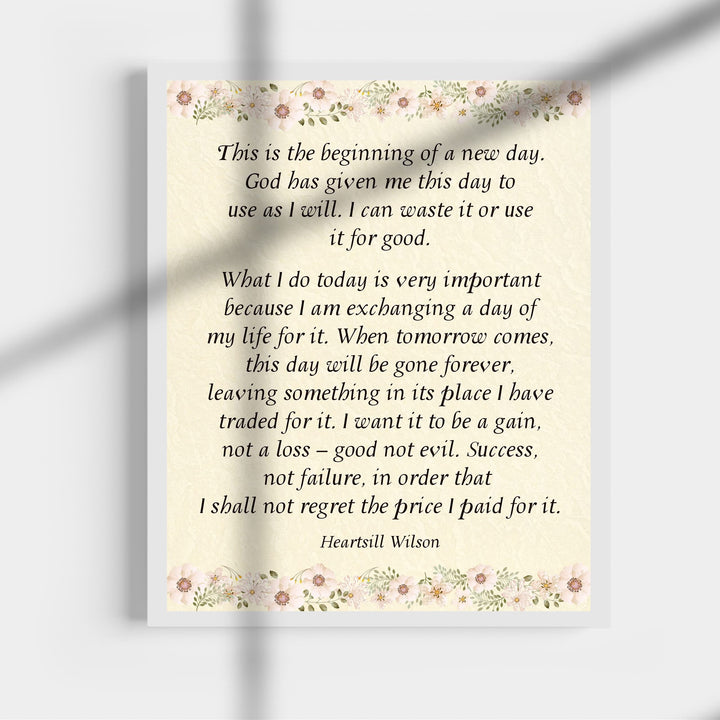 This Is the Beginning of New Day Inspirational Quotes Wall Art Sign -11 x 14" Pink Floral Wall Print -Ready to Frame. Motivational Home-Office-Christian Decor &amp; Gifts. Quote by Heartsill Wilson.