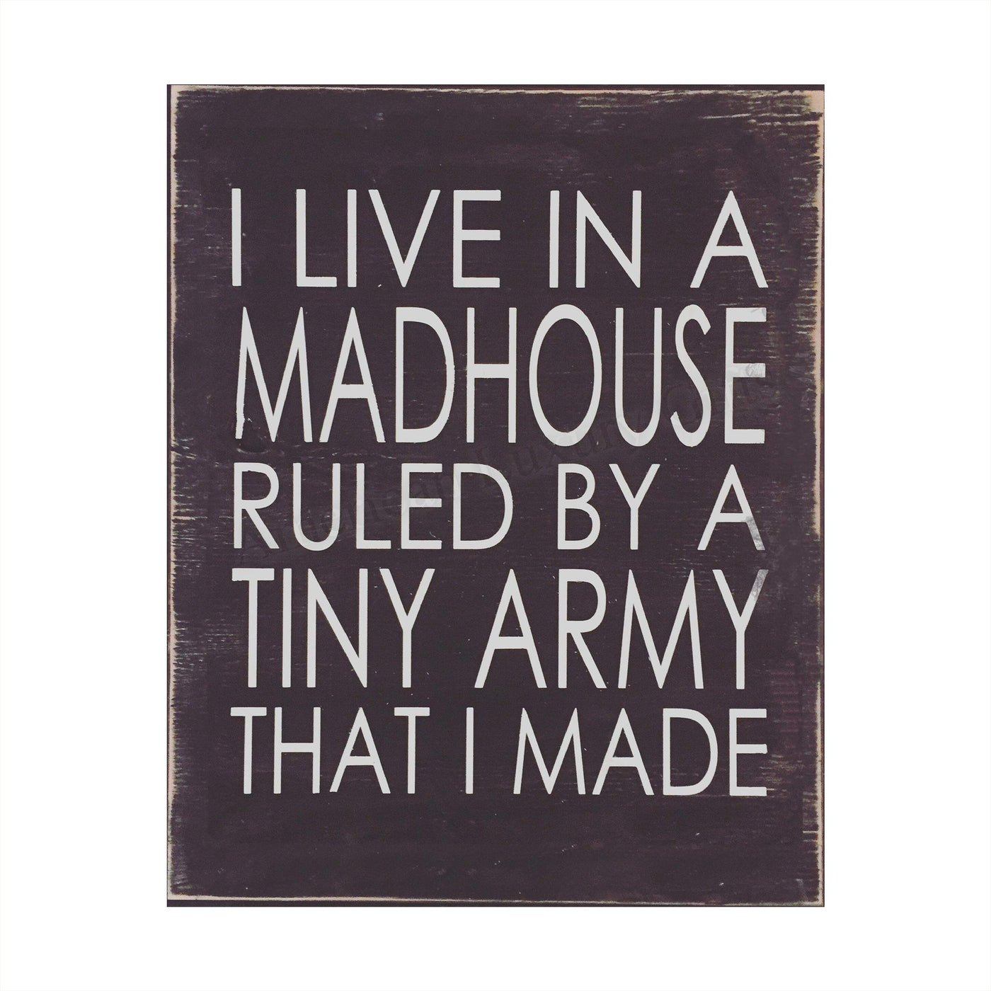 I Live In A Madhouse Ruled By A Tiny Army Funny Wall Sign -8 x 10" Rustic Typographic Art Print-Ready to Frame. Humorous Family Decor for Home-Farmhouse. Great Parenting Sign and Fun Gift for ALL!