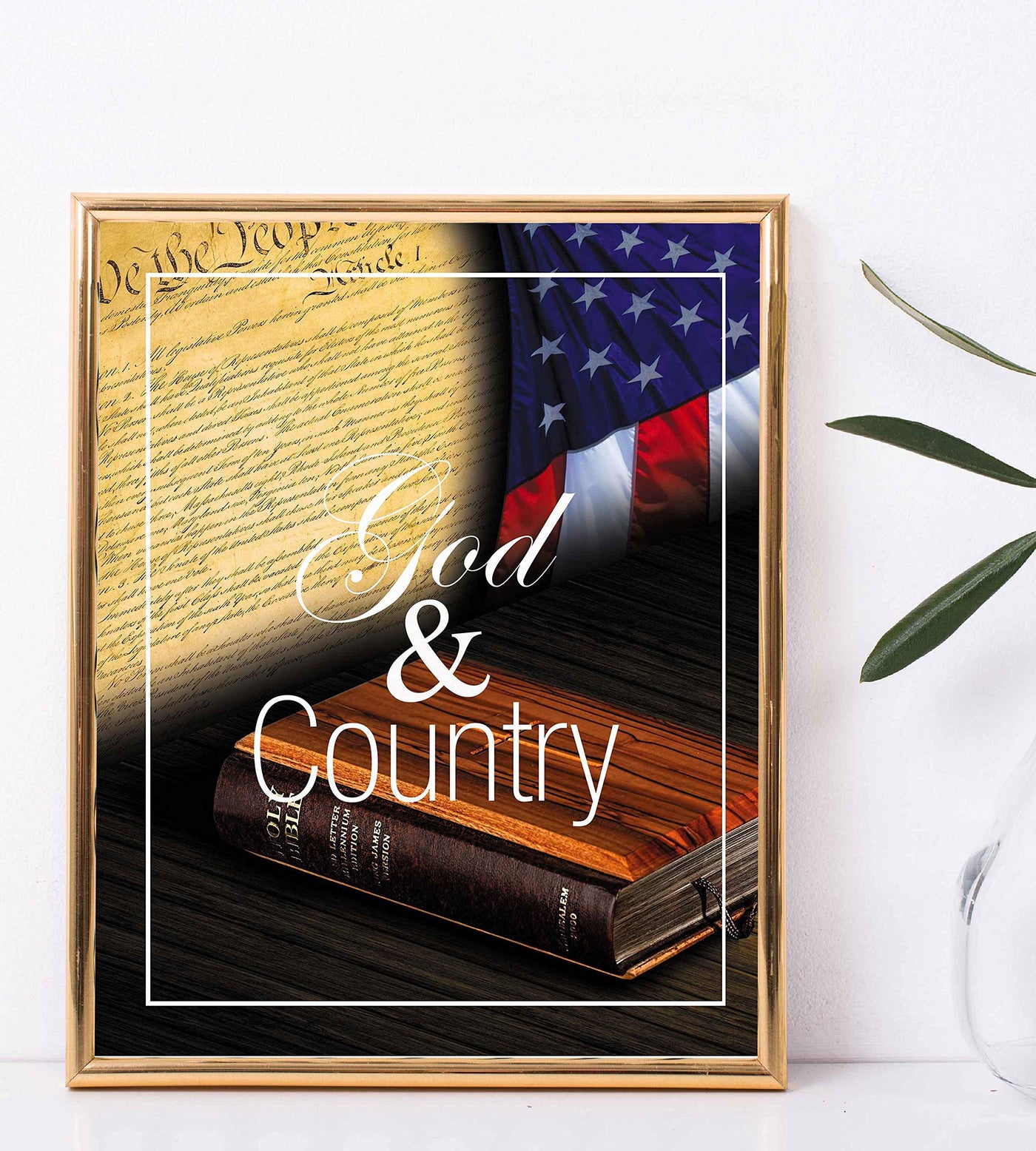 God and Country- 8 x 10" Wall Decor Image-Ready To Frame. Pro-American Poster Print with Flag-Bible-Constitution. Patriotic Decor for Home-Office-Garage-Bar. Show Your Love of God and USA!