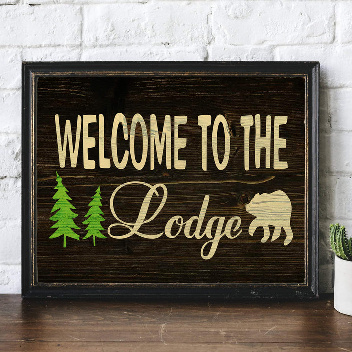 Welcome to the Lodge-Rustic Wall Decor Print- 14 x 11" Outdoors Themed Print w/Bear Silhouette-Ready to Frame. Replica Distressed Wood Design for Home-Cabin-Deck-Lodge-Lake. Printed on Photo Paper.