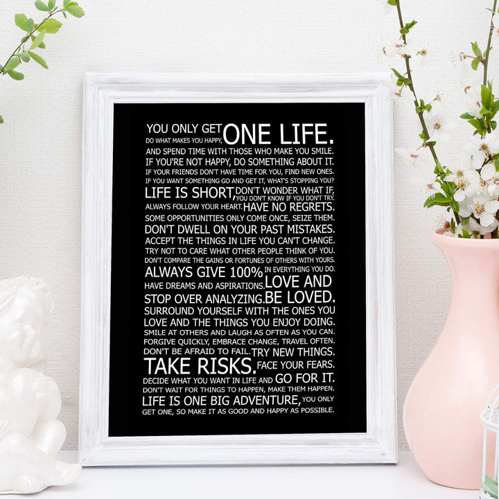 You Only Get One Life-Rules For Happy Life-Poster Print. 11 x 14" Wall Art Decor-Ready to Frame. Modern Typographic Decor For Home-Office-School. Great Reminders To Find Happiness &amp; Inspiration!