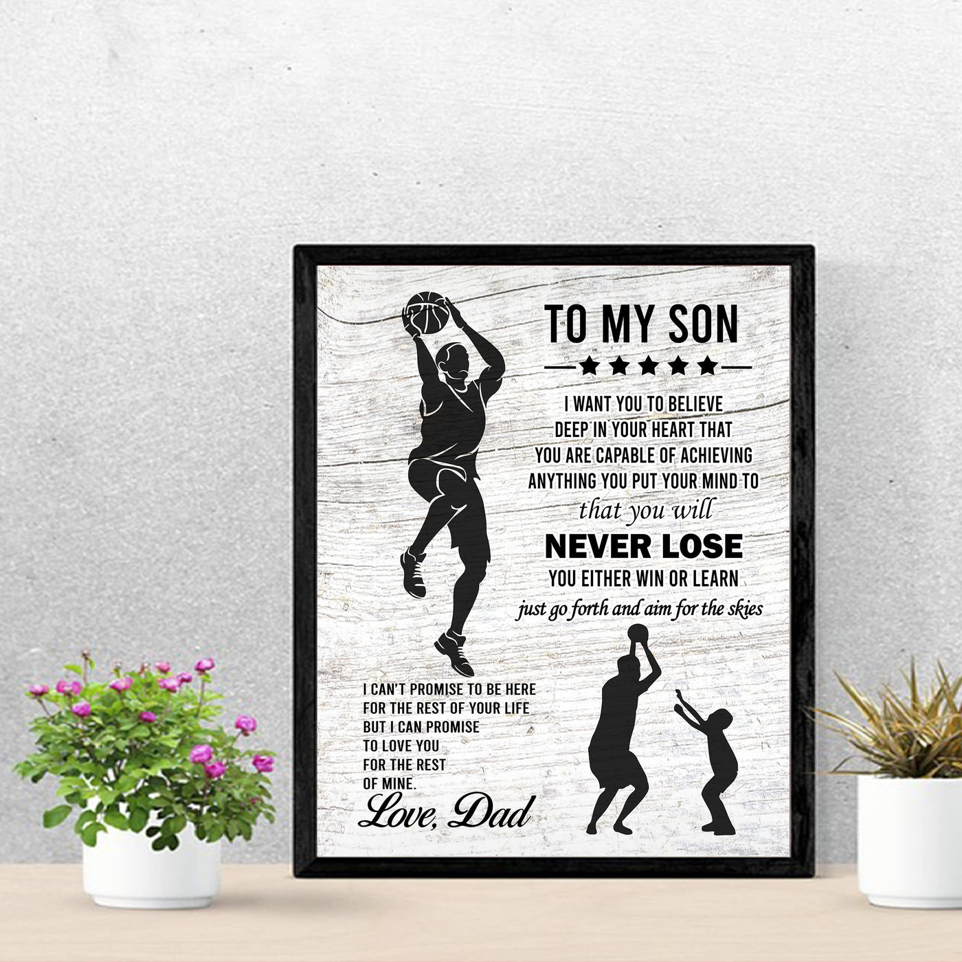 "To My Son -Never Lose- Win or Learn" Inspirational Family Wall Art Sign -11x14" Typographic Sports Poster Print -Ready to Frame. Loving Message for Any Son. Great Keepsake Gift Love Dad!