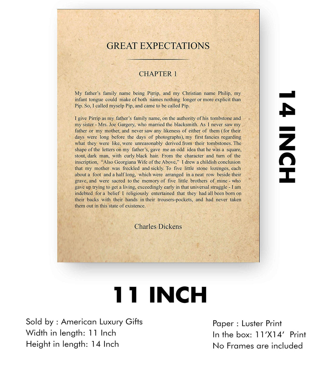 Charles Dickens-"Great Expectations"-Chapter 1 Book Page Print-11 x 14" Literary Wall Art Quotes w/Replica Distressed Parchment Design-Ready to Frame. Inspirational Home-Office-Library Decor!