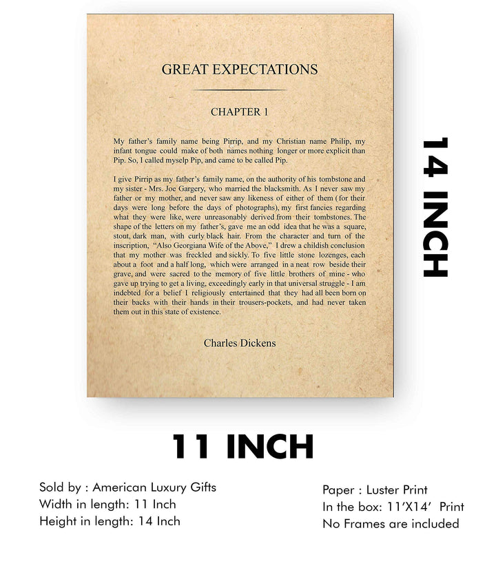 Charles Dickens-"Great Expectations"-Chapter 1 Book Page Print-11 x 14" Literary Wall Art Quotes w/Replica Distressed Parchment Design-Ready to Frame. Inspirational Home-Office-Library Decor!
