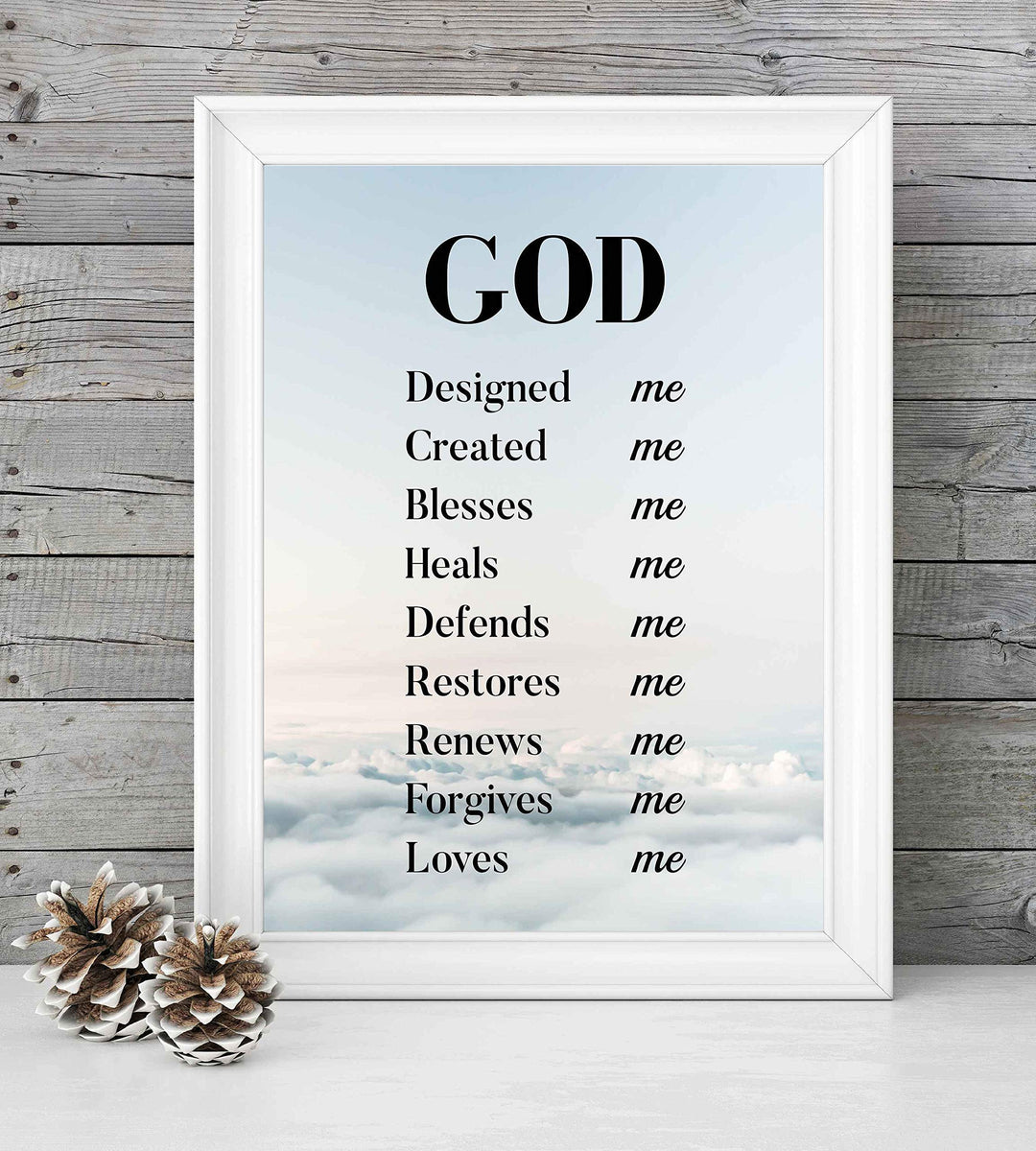 God Created-Blesses-Restores-Loves Me-Spiritual Wall Art-8 x 10" Modern Typographic Poster Print-Ready to Frame. Inspirational Home-Office-Church D?cor. Great Christian Gift of God&