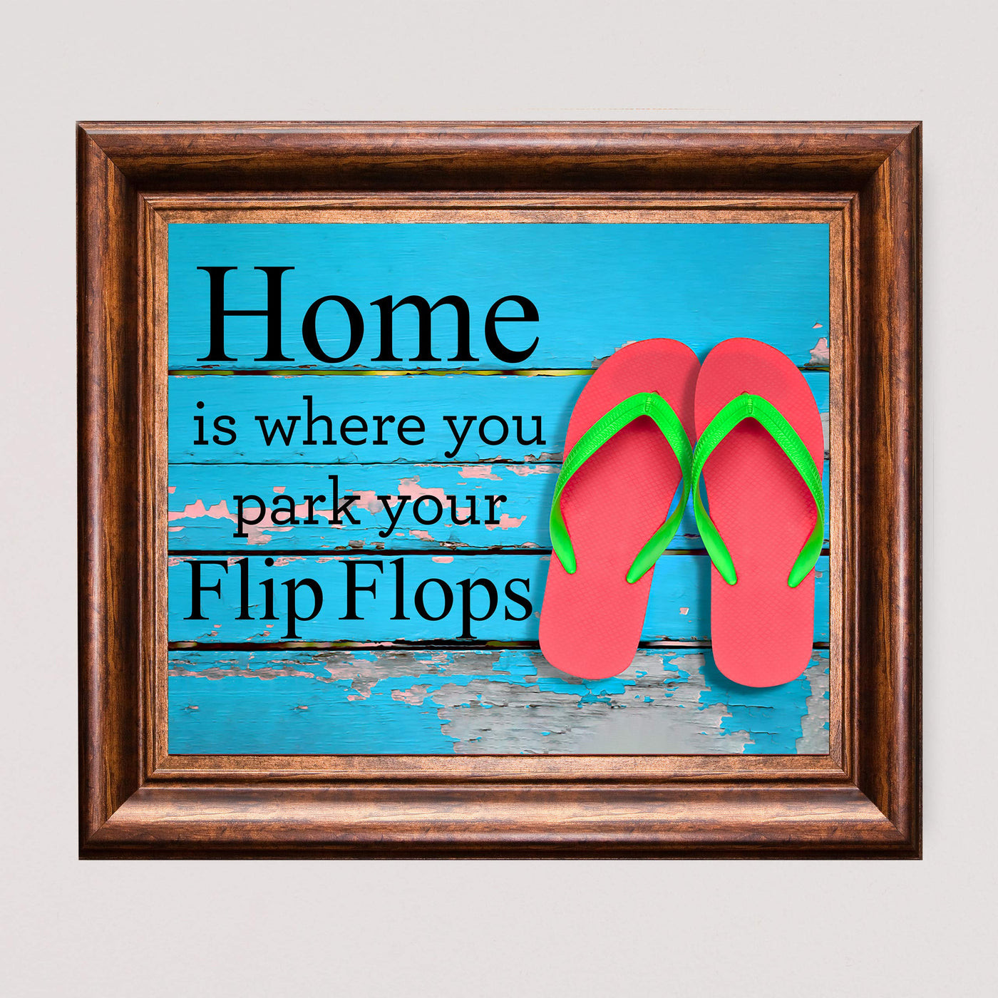 Beach Wall Decor-"Home-Where You Park Your Flip Flops" Fun, Rustic Vacation Sign-10x8" Ocean Themed Wall Print w/Replica Wood Design-Ready to Frame. Home-Cabin-Nautical Decor. Printed on Photo Paper.