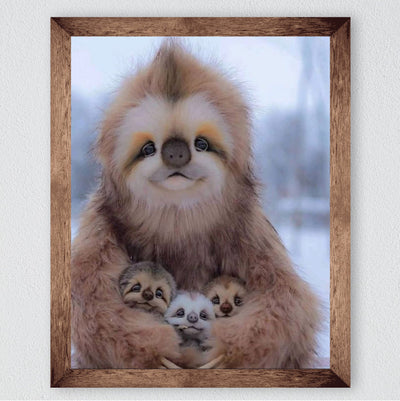 Happy Momma Sloth With Her Babies-8 x 10" Funny Animals Print Wall Art -Ready to Frame. Wild Animals Decor for Home-Office-Science Classroom-Library. Perfect Photo for Zoo, Animal, & Jungle Themes!