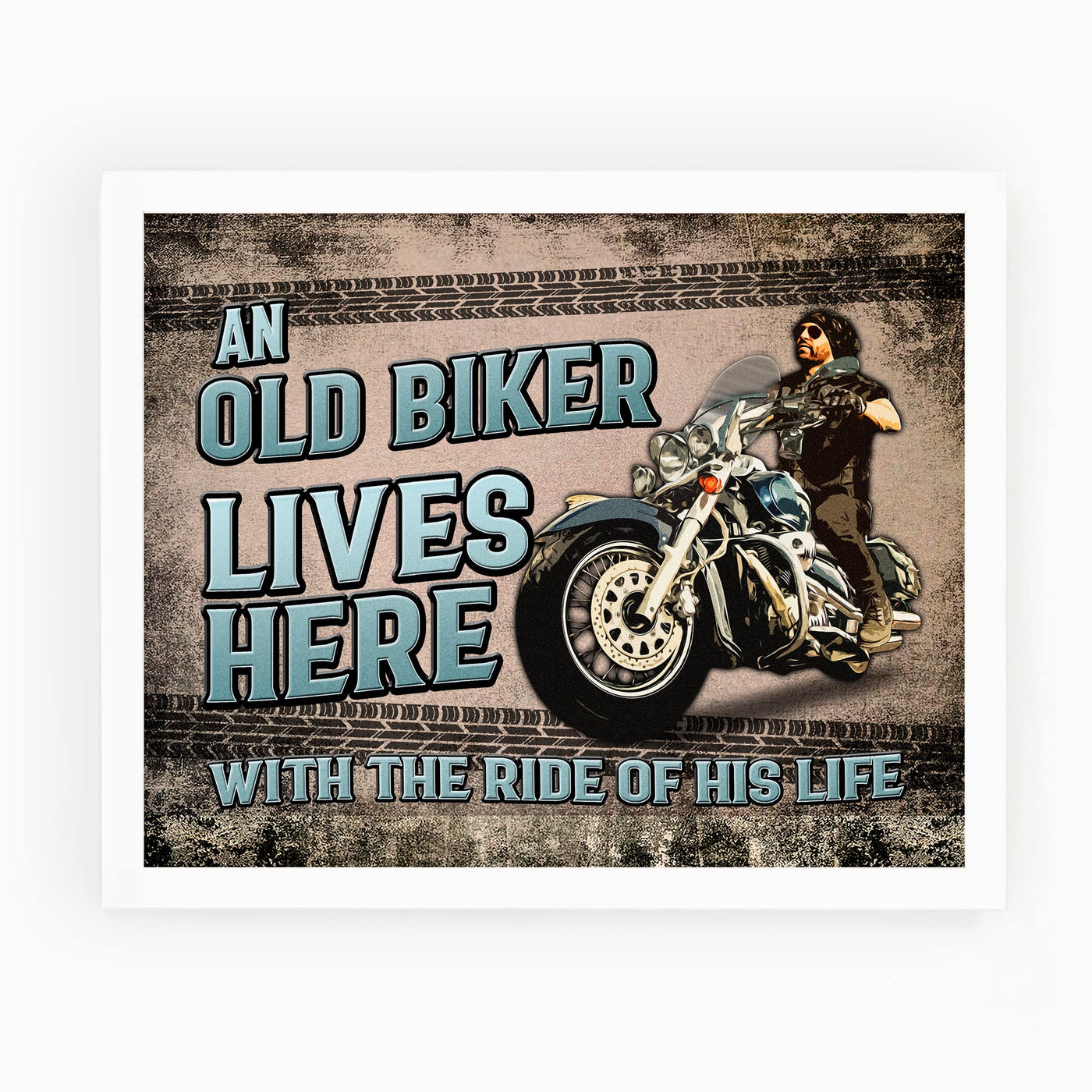 Old Biker Lives Here With Ride of His Life-Funny Sign Wall Decor -10x8" Rustic Garage Wall Art Print-Ready To Frame. Retro Home-Office-Bar-Cave-Shop Decor. Great Gift for Motorcyclists & Gearheads!