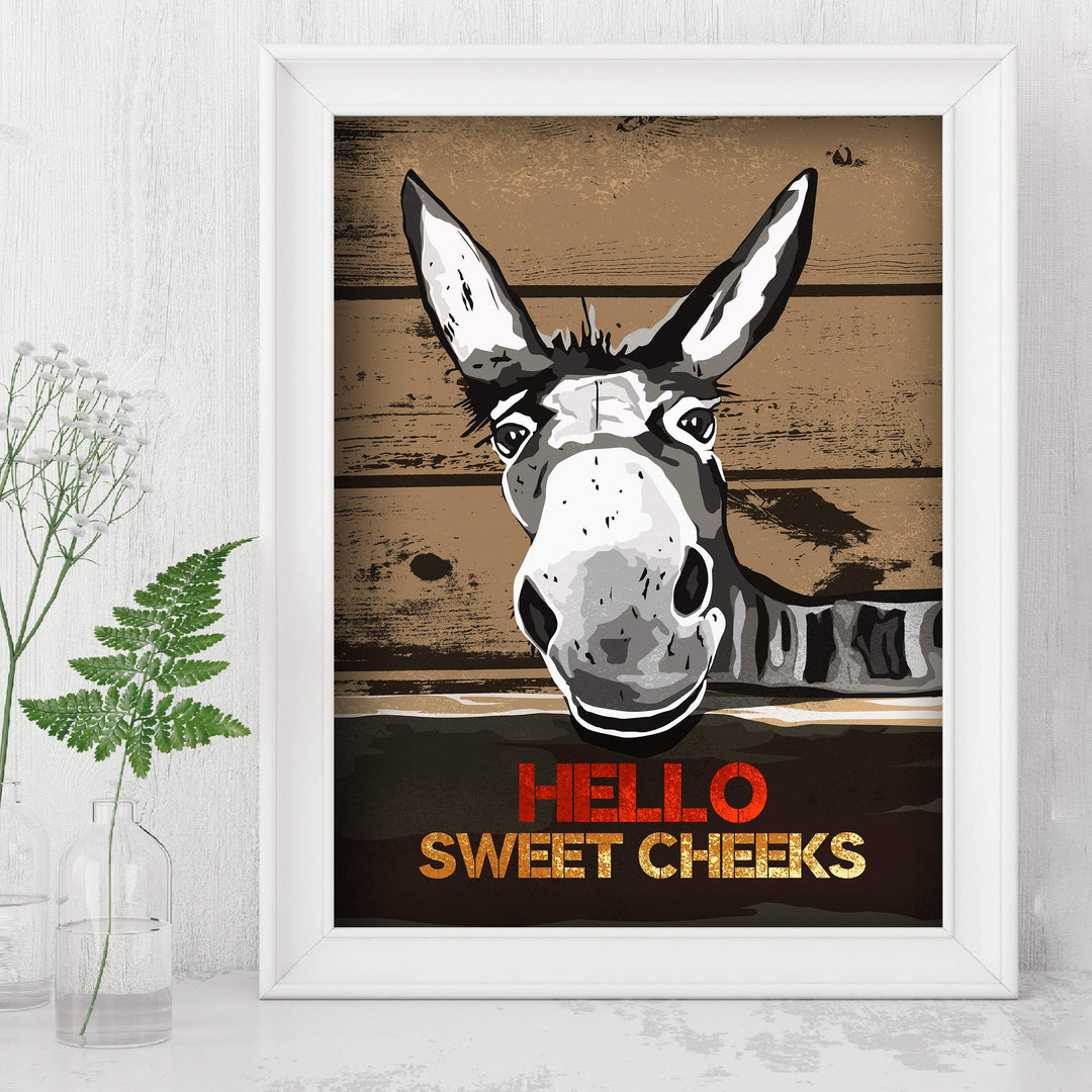 Hello Sweet Cheeks-Funny Bathroom Wall Sign -8 x 10" Country Rustic Donkey Art Print w/Replica Wood Design-Ready to Frame. Humorous Decor for Home-Office-Guest Bathroom! Printed on Photo Paper.