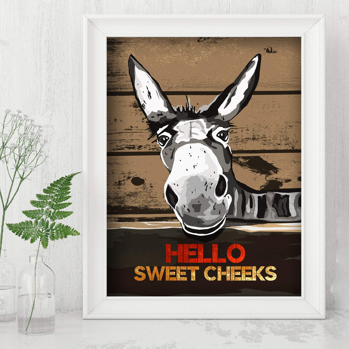 Hello Sweet Cheeks-Funny Bathroom Wall Sign -8 x 10" Country Rustic Donkey Art Print w/Replica Wood Design-Ready to Frame. Humorous Decor for Home-Office-Guest Bathroom! Printed on Photo Paper.