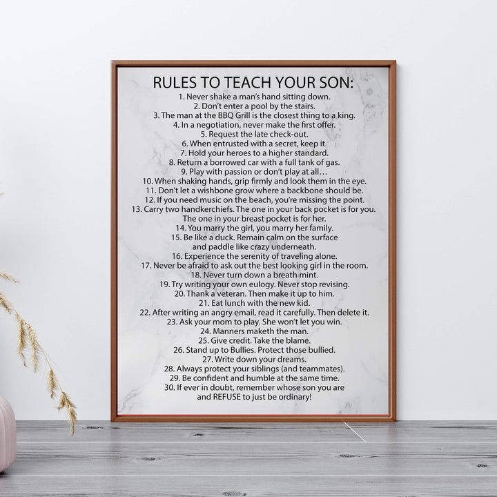 Rules To Teach Your Son Motivational Family Wall Art Sign -11 x 14" Modern Typographic Wall Decor-Ready to Frame. Fun &amp; Inspirational Keepsake for Any Son. Great Graduation Gift!
