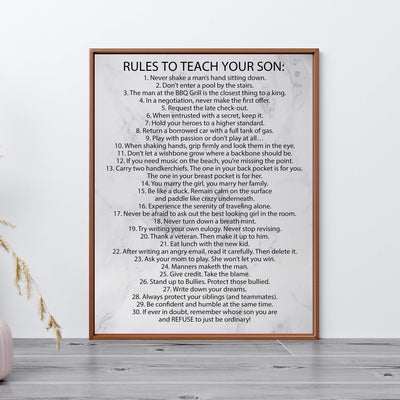 Rules To Teach Your Son Motivational Family Wall Art Sign -11 x 14" Modern Typographic Wall Decor-Ready to Frame. Fun & Inspirational Keepsake for Any Son. Great Graduation Gift!