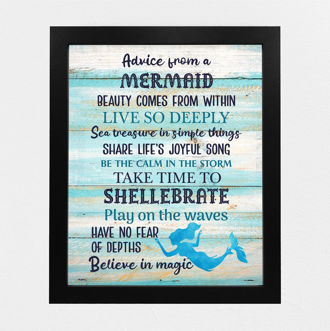 Advice From a Mermaid Inspirational Beach Wall Decor -8 x 10" Rustic Ocean Themed Art Print w/Distressed Wood Design -Ready to Frame. Home-Girls Bedroom-Nautical Decor. Perfect for the Beach House!