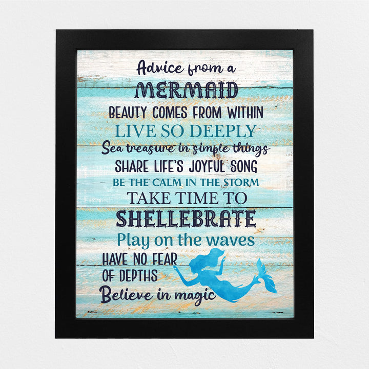 Advice From a Mermaid Inspirational Beach Wall Decor -8 x 10" Rustic Ocean Themed Art Print w/Distressed Wood Design -Ready to Frame. Home-Girls Bedroom-Nautical Decor. Perfect for the Beach House!