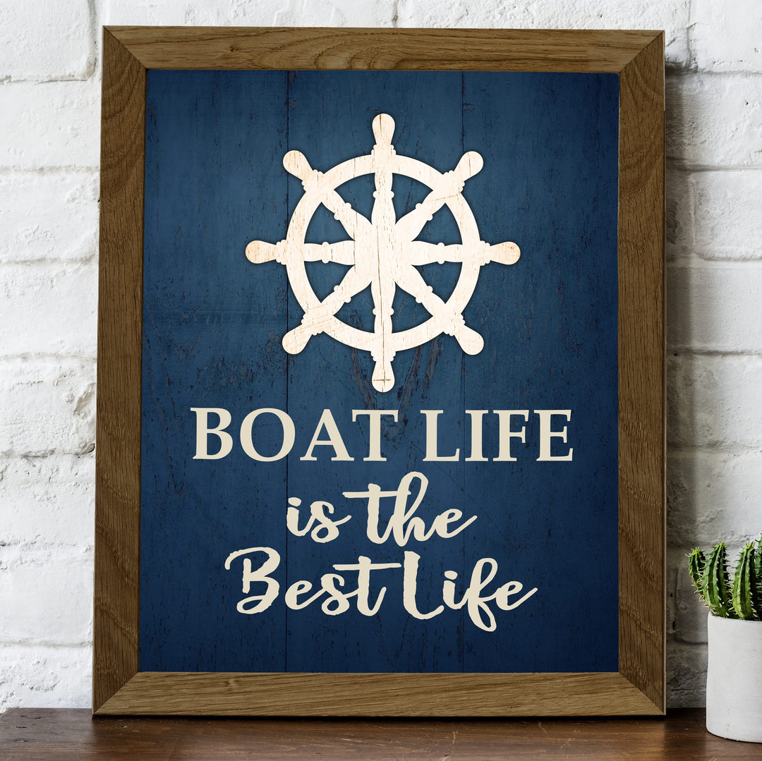 Boat Life Is the Best Life Inspirational Beach Wall Art Sign -8 x 10" Rustic Ocean Themed Print w/Replica Wood Design -Ready to Frame. Coastal Decor for Home-Office-Beach House &amp; Nautical Gifts!