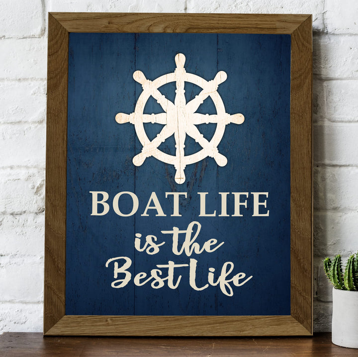 Boat Life Is the Best Life Inspirational Beach Wall Art Sign -8 x 10" Rustic Ocean Themed Print w/Replica Wood Design -Ready to Frame. Coastal Decor for Home-Office-Beach House &amp; Nautical Gifts!