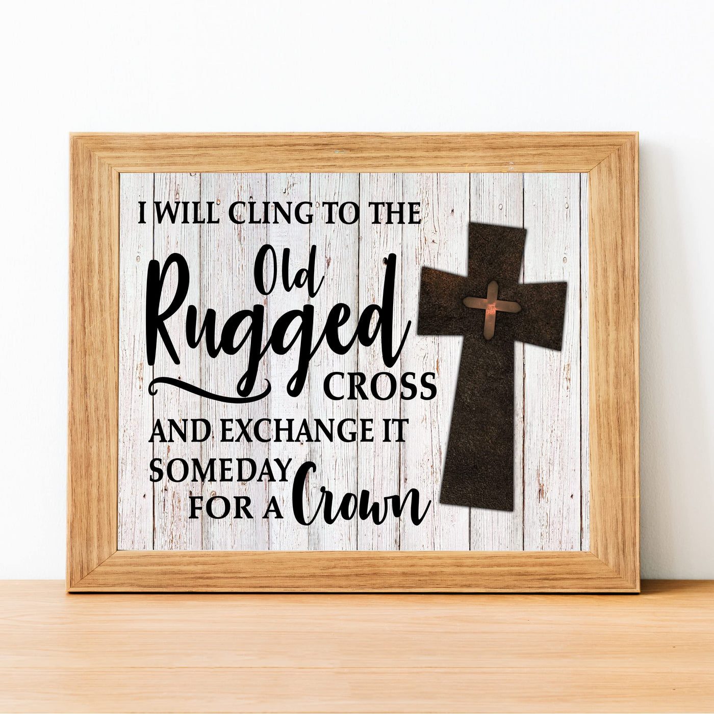 I Will Cling to the Old Rugged Cross Praise Hymns Wall Art -14 x 11" Christian Worship Music Cross Print w/Replica Wood Design-Ready to Frame. Classic Hymn for Home-Office-Studio-Church Decor!