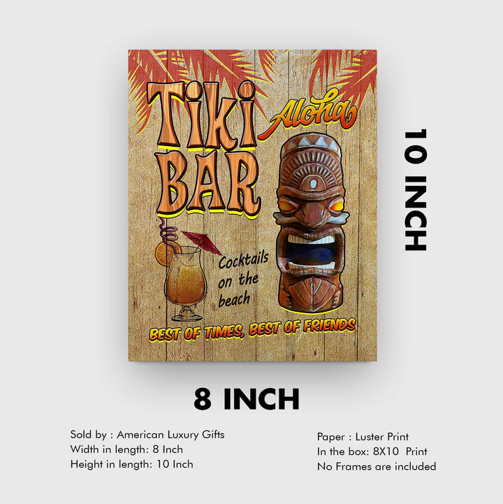 Tiki Bar-Cocktails on the Beach Funny Hawaiian Themed Sign -8 x 10" Tropical Wall Art Print w/Replica Wood Design-Ready to Frame. Fun Home-Pool-Beach House-Ocean Decor. Printed on Photo Paper.
