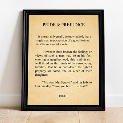 Pride and Prejudice-Chapter 1 Book Page Print-11 x 14" Literary Wall Art Quotes w/Replica Distressed Parchment Design-Ready to Frame. Inspirational Wall Decor for Home-Office-Study-Library!