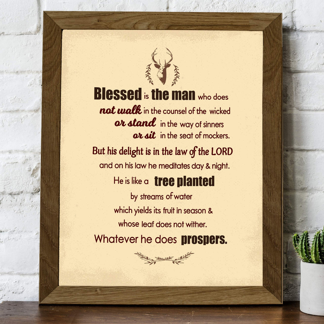 Psalm 1:1-3-"Blessed Is the Man-Whatever He Does Prospers"-Bible Verse Wall Art -8 x 10" Distressed Typographic Poster Print-Ready to Frame. Inspirational Christian Decor for Home-Office-Church.