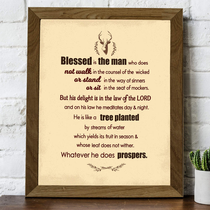 Psalm 1:1-3-"Blessed Is the Man-Whatever He Does Prospers"-Bible Verse Wall Art -8 x 10" Distressed Typographic Poster Print-Ready to Frame. Inspirational Christian Decor for Home-Office-Church.
