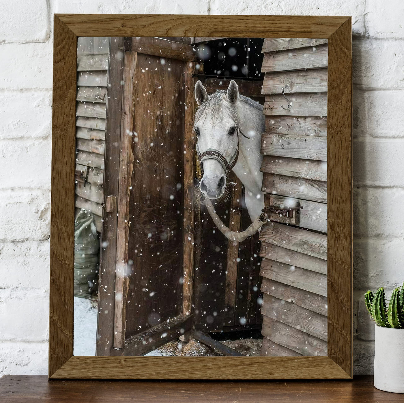 White Horse Peeking Out at the Snow- 8 x 10" Beautiful Country Photo Print Wall Art-Ready to Frame. Home-Office-Bar Decor for Equestrian Themes & Children's Bedroom. Perfect Gift-Horse Lovers.