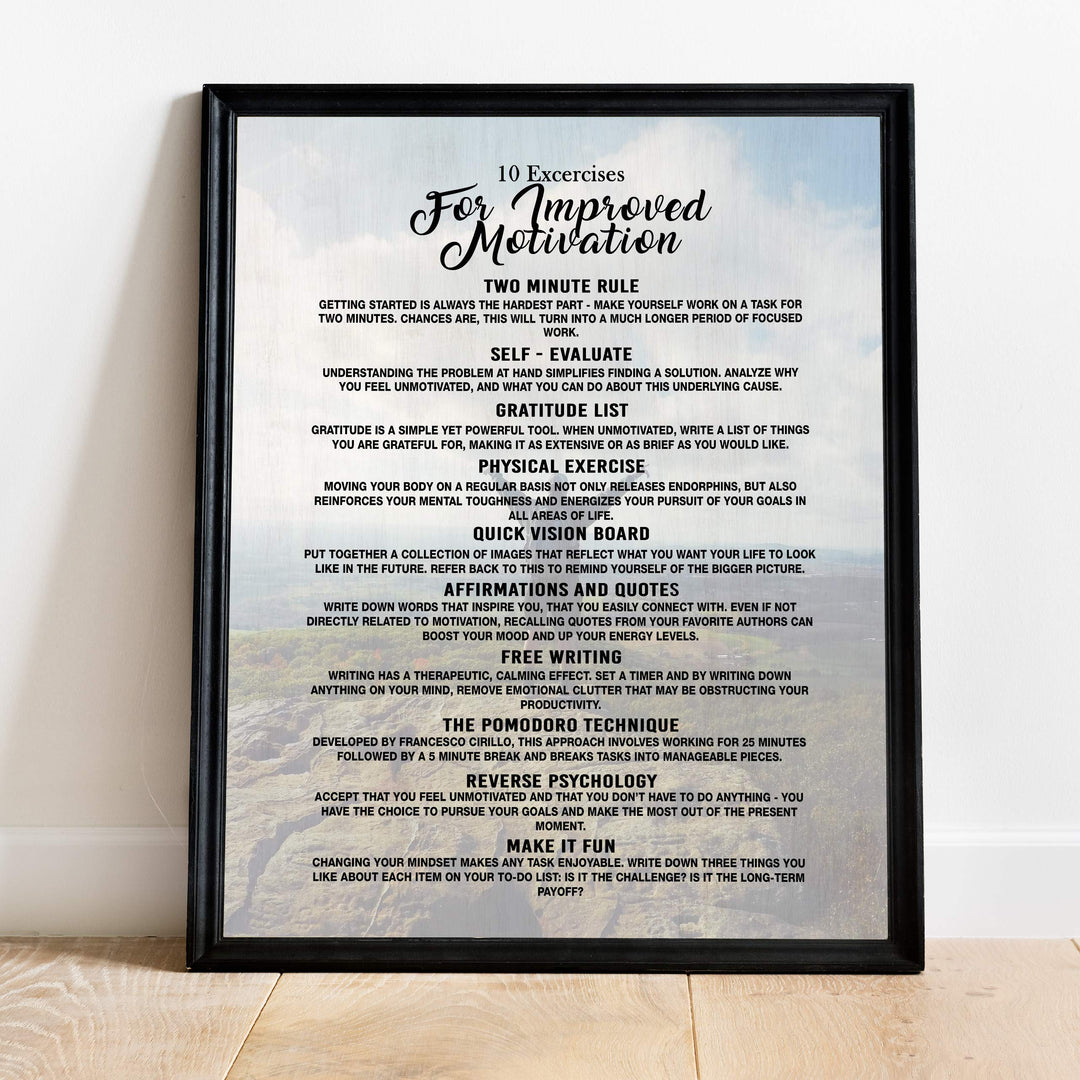 10 Exercises for Improved Motivation-11 x 14" Motivational Exercise Poster Print. Modern Inspirational Wall Art Sign- Ready to Frame. Home-Office-Gym-Studio Decor. Perfect Gift to Motivate All!
