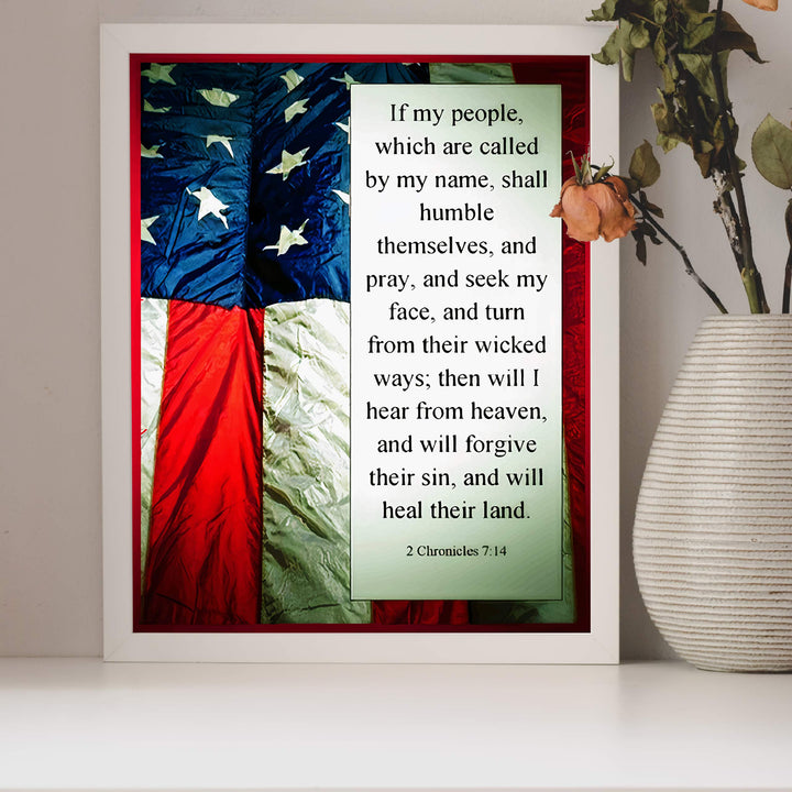 ?If My People Shall Humble Themselves &amp; Pray"-2 Chronicles 7:14-Bible Verse Wall Art -8 x 10" American Flag Scripture Print-Ready to Frame. Inspirational Home-Office-Church-Christian-Patriotic Decor!