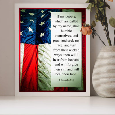 ?If My People Shall Humble Themselves & Pray"-2 Chronicles 7:14-Bible Verse Wall Art -8 x 10" American Flag Scripture Print-Ready to Frame. Inspirational Home-Office-Church-Christian-Patriotic Decor!