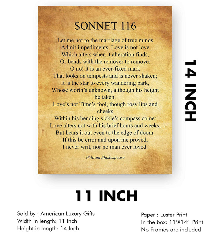 William Shakespeare-"Sonnet 116" Poetic Wall Art Sign -11 x 14" Inspirational Literary Wall Decor. Vintage Parchment Poetry Print-Ready to Frame. Perfect Wall Decor for Home-Office-Studio-Library!