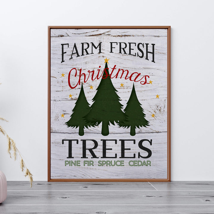 Farm Fresh Christmas Trees Rustic Farmhouse Holiday Decor -11 x 14" Christmas Wall Print w/Replica Wood Design-Ready to Frame. Perfect Home-Kitchen-Welcome-Entryway Decor. Printed on Paper.