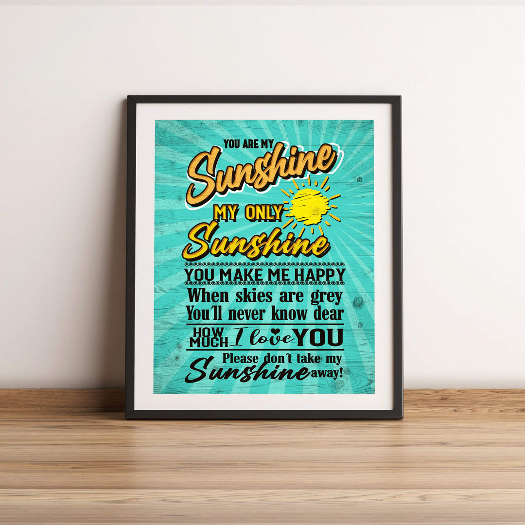 You Are My Sunshine Fun Beach Themed Song Art -11 x 14" Rustic Sun Print w/Distressed Wood Design -Ready to Frame. Perfect Home-Nursery-Beach House-Ocean Theme Decor! Printed on Photo Paper.