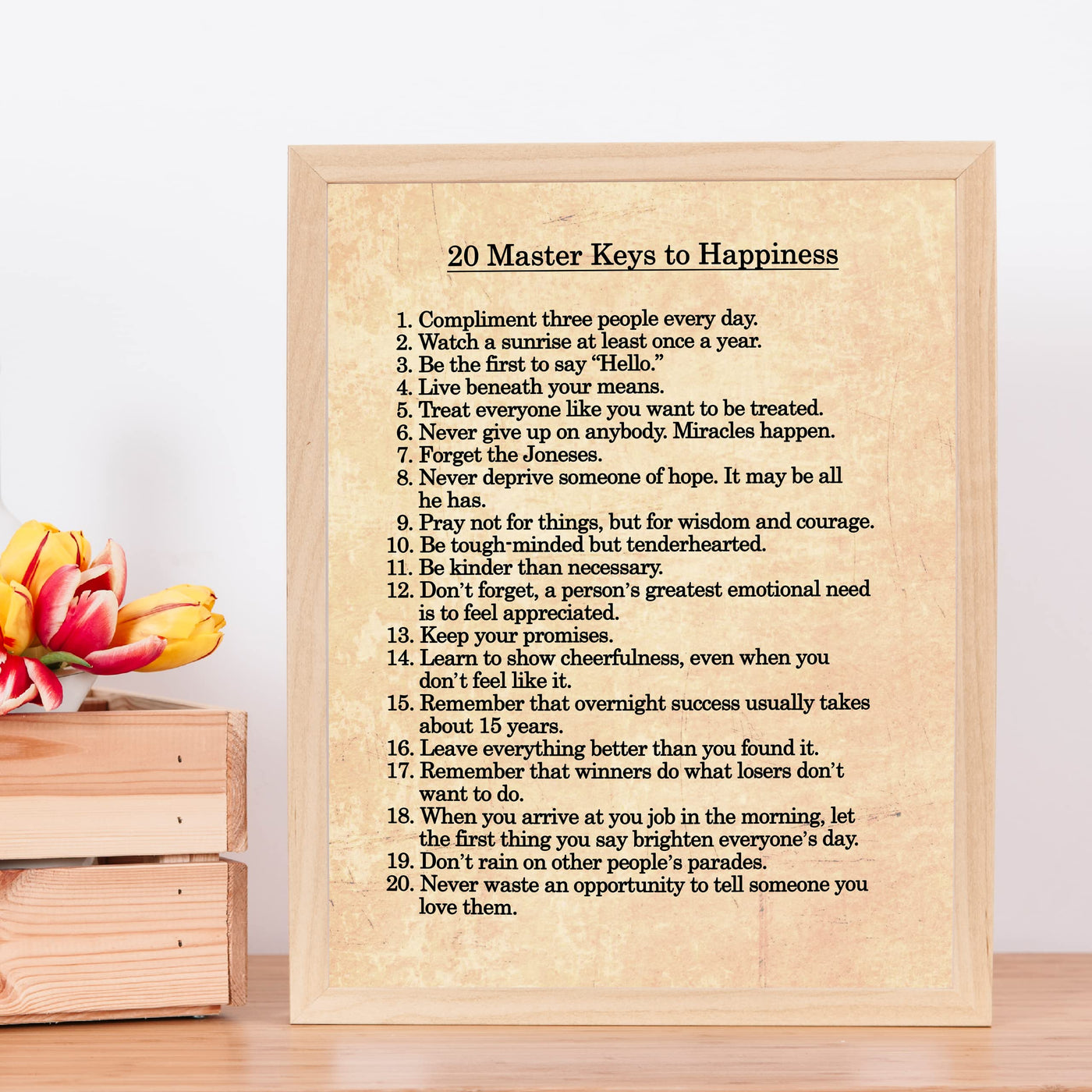 20 Master Keys to Happiness-Inspirational Wall Art Sign -11 x 14" Motivational list Print Wall Decor-Ready to Frame. Modern Typography Print for Home-Office-School Decor. Great Ways to Find Joy!