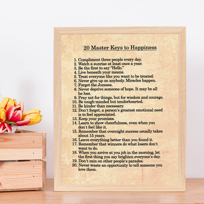 20 Master Keys to Happiness-Inspirational Wall Art Sign -11 x 14" Motivational list Print Wall Decor-Ready to Frame. Modern Typography Print for Home-Office-School Decor. Great Ways to Find Joy!