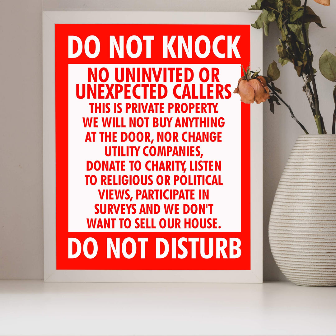Do Not Knock-Do Not Disturb Funny No Soliciting Front Door Sign-8 x 10" Sarcastic Wall Art Print-Ready to Frame. Home-Office-Welcome-Man Cave Decor. Great Novelty Sign-Fun Gift!