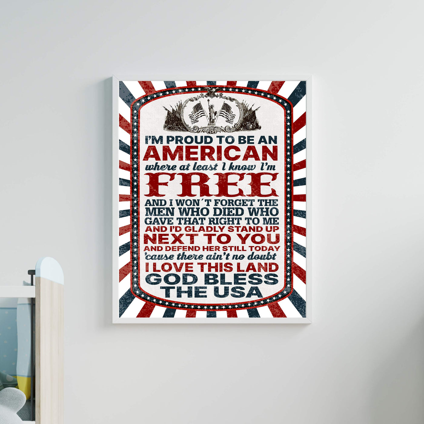 I'm Proud to Be An American-Patriotic Song Art Wall Decor -11 x 14" God Bless the USA Lyrics Print-Ready to Frame. Inspirational Home-Office-School-Garage-Cave Decor. Display Your Patriotism!