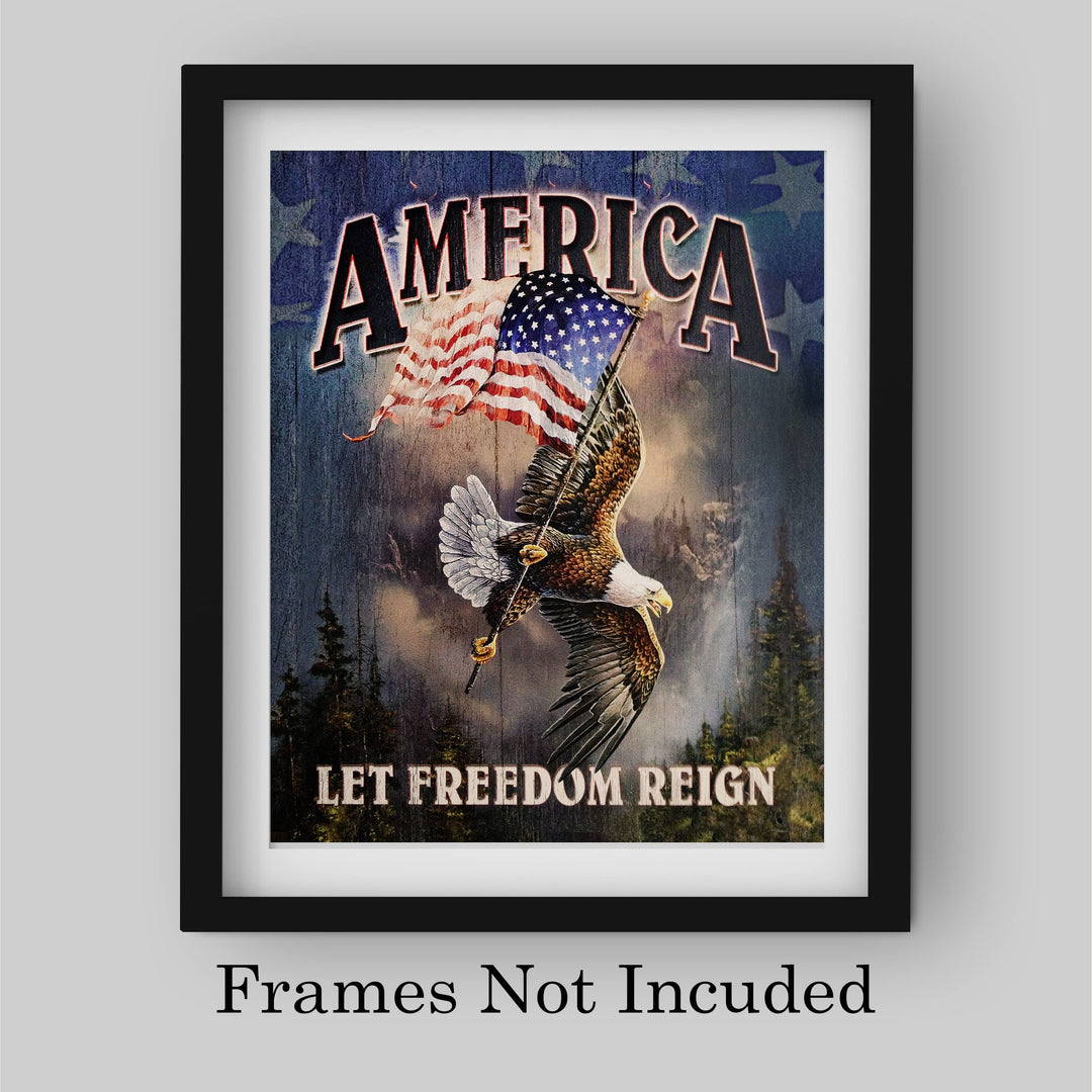 America-Let Freedom Reign-Rustic American Flag Wall Art -8 x 10" Patriotic USA Eagle Print -Ready to Frame. Home-Office-School-Bar-Cave Decor! Great Gift for Military-Veterans &amp; All Patriots!