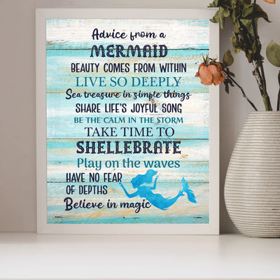 Advice From a Mermaid Inspirational Beach Wall Decor -8 x 10" Rustic Ocean Themed Art Print w/Distressed Wood Design -Ready to Frame. Home-Girls Bedroom-Nautical Decor. Perfect for the Beach House!