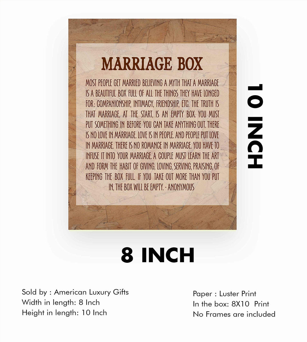 Marriage Box-Inspirational Wall Art- 8 x 10" Typographic Poster Print-Ready to Frame. Ideal Home-Bridal Shower-Wedding Decor. Great Engagement Gift. Perfect Advice for Newlyweds-Spouses-Partners!
