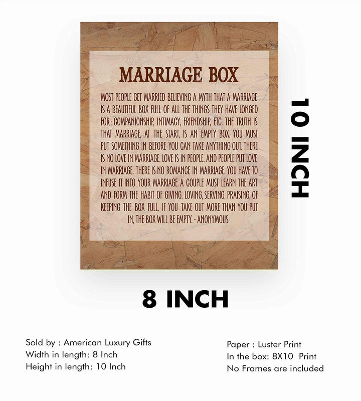 Marriage Box-Inspirational Wall Art- 8 x 10" Typographic Poster Print-Ready to Frame. Ideal Home-Bridal Shower-Wedding Decor. Great Engagement Gift. Perfect Advice for Newlyweds-Spouses-Partners!