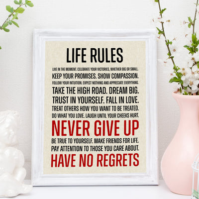 Life Rules-Live In the Moment Motivational Quotes Wall Sign -11 x 14" Modern Inspirational Art Print -Ready to Frame. Great Sign for Home-Office-School-Church Decor. Perfect Life Lessons for All!