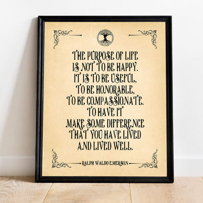 Ralph Waldo Emerson Quotes-"The Purpose Of Life Is To Be Useful" Inspirational Wall Art -11 x 14" Poetic Distressed Parchment Print-Ready To Frame. Perfect Home-Office-Study-School-Library Decor!