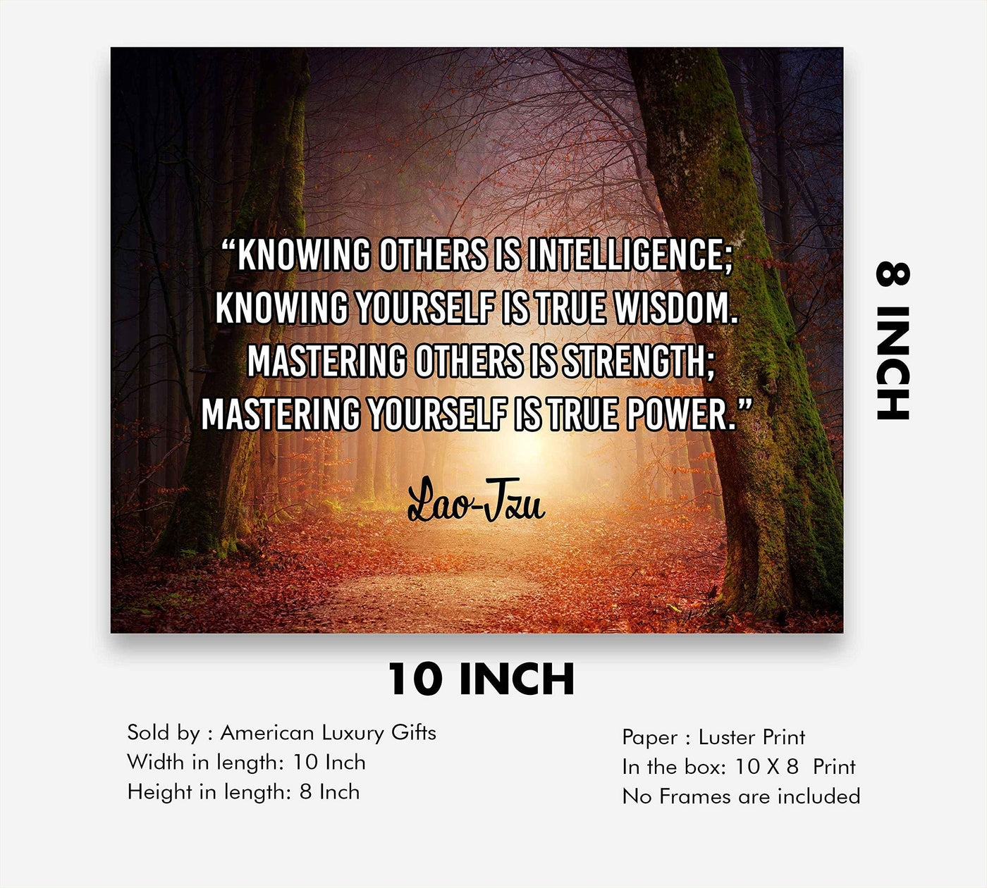 Lao Tzu Quotes-"Mastering Yourself Is True Power"-Motivational Wall Art-10 x 8" Spiritual Forest Photo Print-Ready to Frame. Inspirational Home-Office-Studio-Gym Decor. Perfect Zen Gift to Motivate!