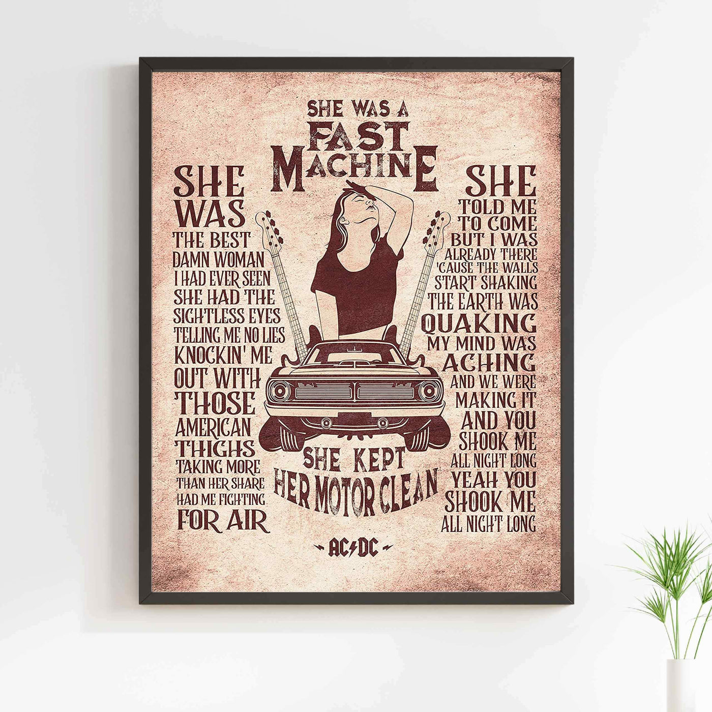 You Shook Me All Night Long-Song Lyrics Wall Art -11 x 14" Rock Music Poster Print w/Guitar Images-Ready to Frame. Retro Decor for Home-Office-Studio-Bar-Man Cave. Perfect Gift for AC/DC Fans!