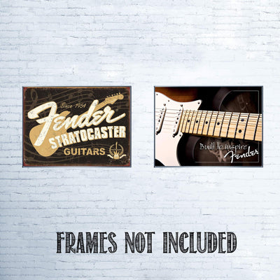 Fender Guitar- Retro Poster Prints-"Stratocaster-Built to Inspire"- Wall Art Set of Two-10 x 8's Music Wall Decor-Ready To Frame. Modern-Distressed Replica's. Home-Bar-Cave Decor. Guitar's Dream Gift.