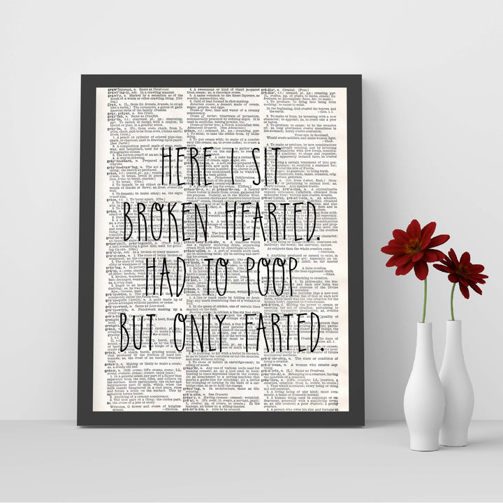 Funny Bathroom Wall Art-"Here I Sit Broken Hearted-Had to Poop-Only Farted"-8 x 10" Modern Newspaper Design Art Print-Ready to Frame. Humorous Decor for Home-Guest Bathroom. Great Housewarming Gift!