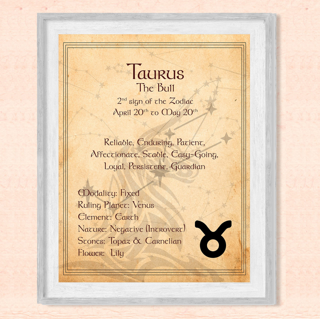 Taurus -The Bull- Zodiac Sign Wall Art. 8 x 10" Print Wall Print-Ready to Frame. Constellation Design-Astrology Decor for Home-Office-Bedroom. Horoscope&