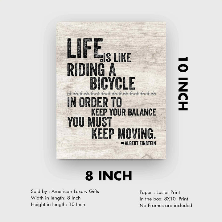Albert Einstein-"Life Is Like Riding A Bicycle" Motivational Quotes Wall Art -8 x 10" Distressed Typographic Print-Ready to Frame. Inspirational Home-Office-Dorm Decor. Positive Classroom Decoration!