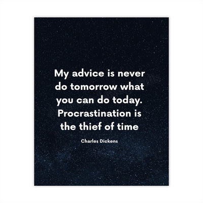 Charles Dickens-"Procrastination Is the Thief of Time"-Motivational Quotes Wall Print-8 x 10" Inspirational Starry Night Print-Ready to Frame. Classic Decor for Home-Office-Studio-Classroom-Dorm!